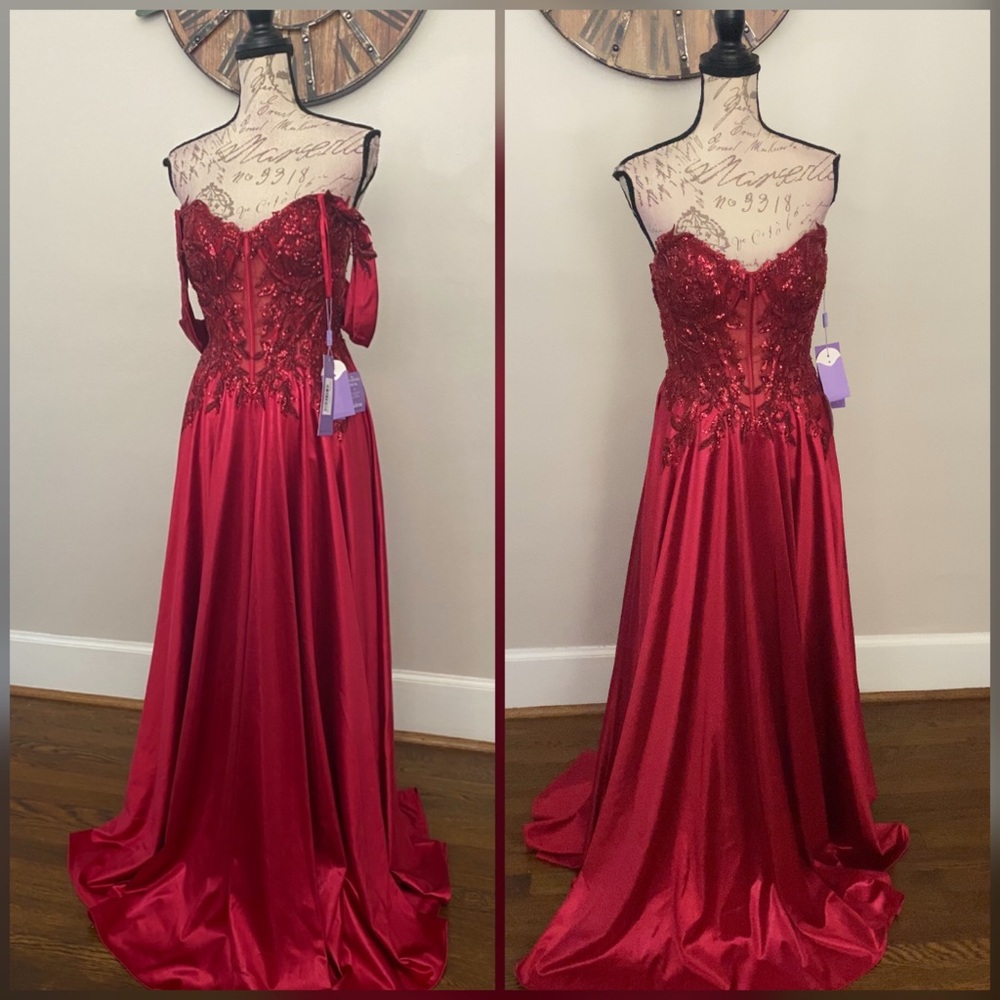 Burgundy red sparkly a line corset prom dress, formal dress or ball gown